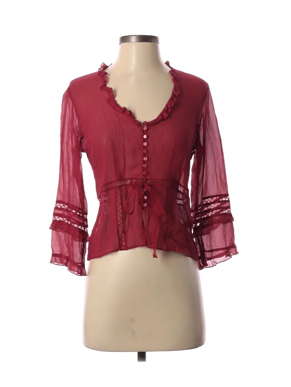 The Limited Burgundy Sheer Ruffle-Trim Button Tie Top